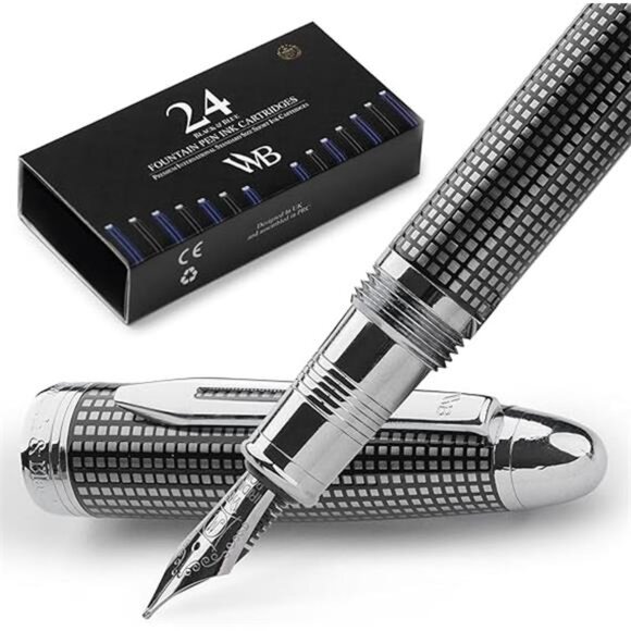 Fountain Pen-(Black Checked), Luxury Case, Stainless